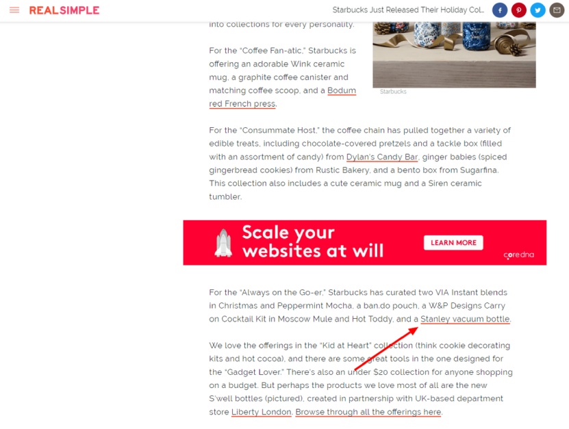 eCommerce marketing case study: Stanley Backlink on Real Simple