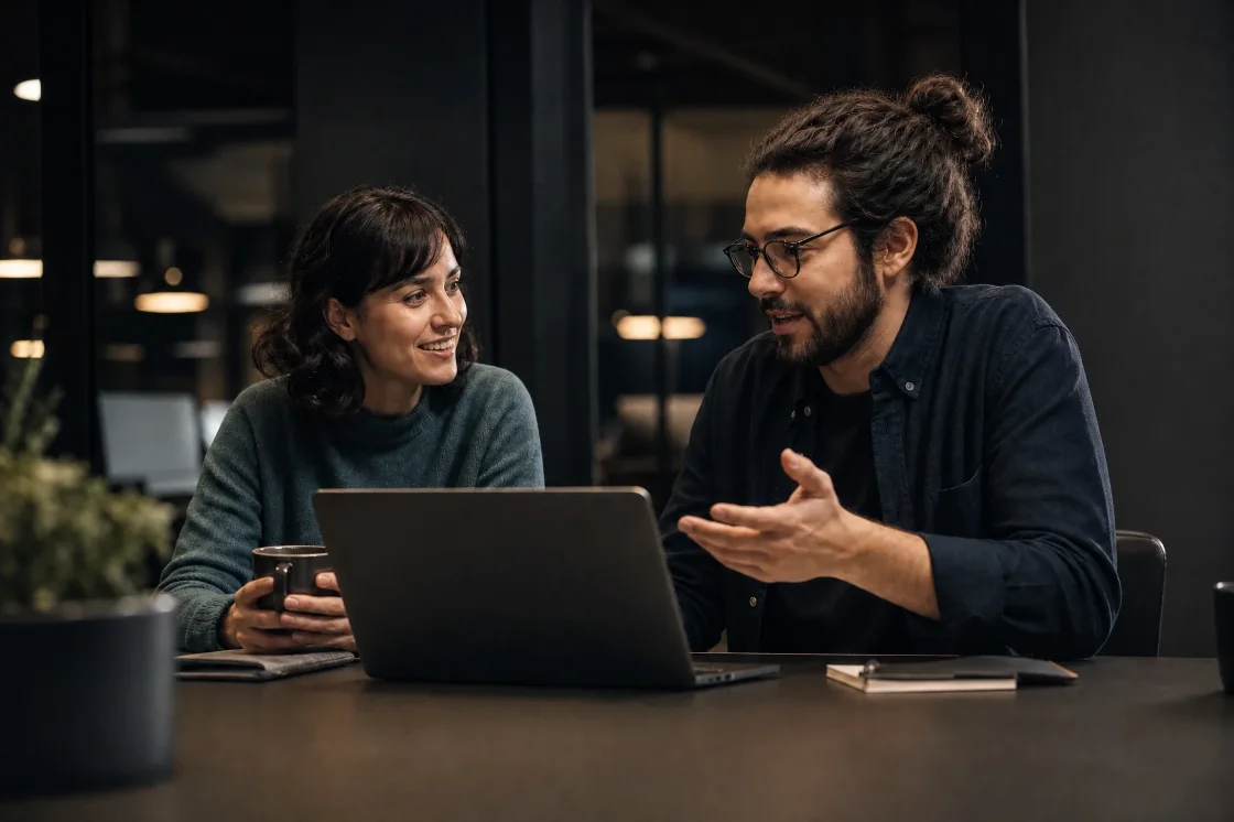 Two colleagues talk through a client project at a desk with a laptop.
