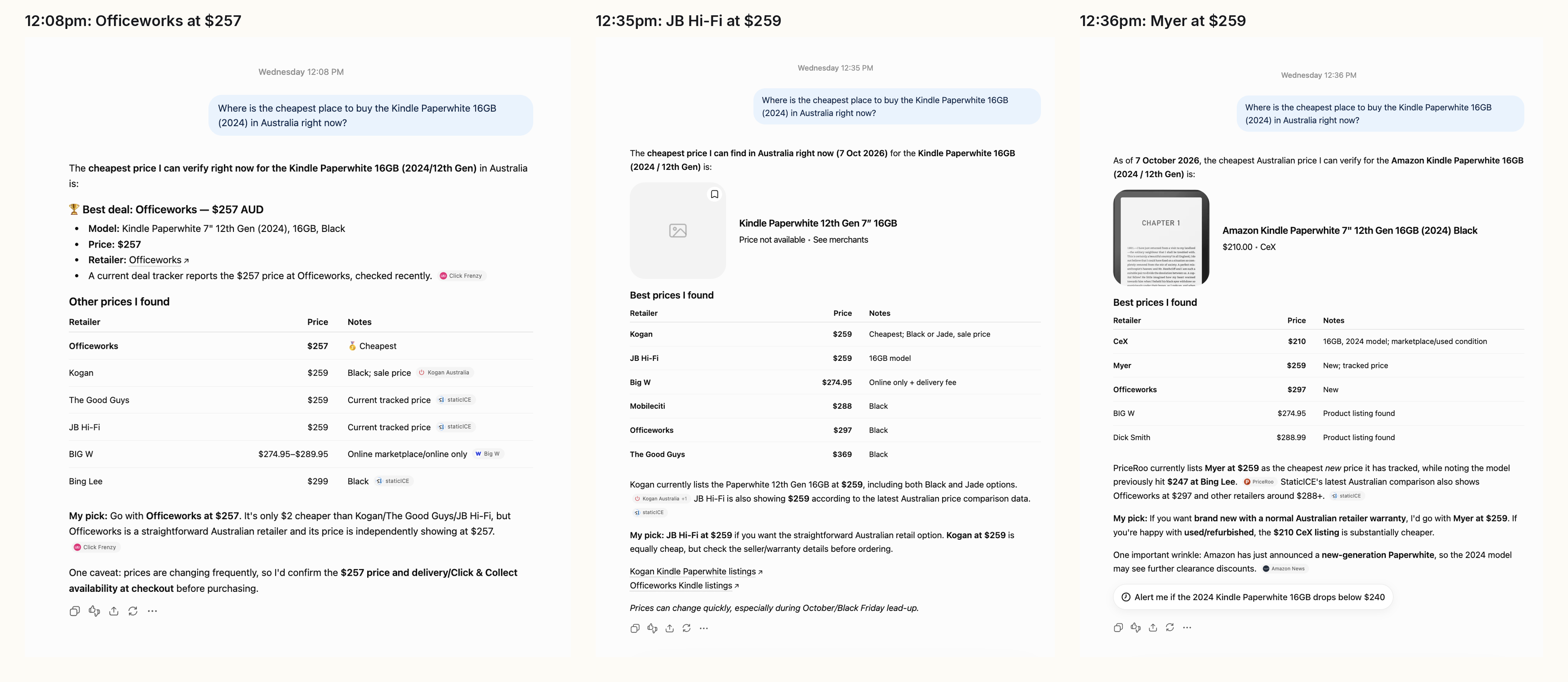 Three ChatGPT answers to the same Kindle Paperwhite question within half an hour, recommending Officeworks, then JB Hi-Fi, then Myer