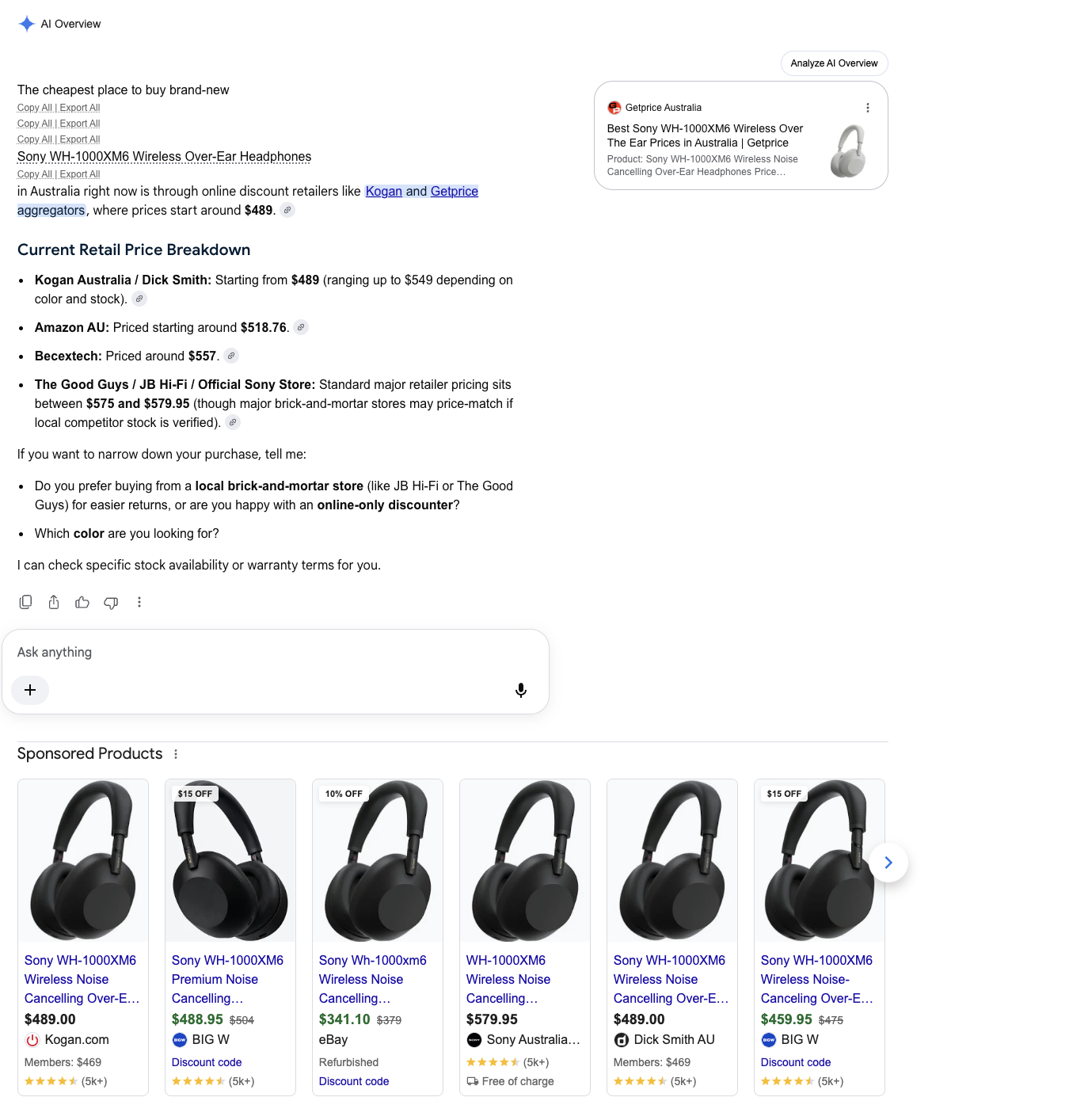 Google AI Overview citing Getprice for the cheapest Sony WH-1000XM6 in Australia, with sponsored listings below including Big W at $459.95