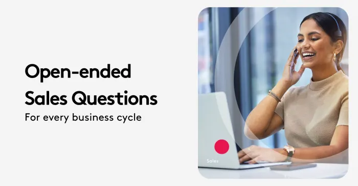 Businesswoman with headset using laptop for open-ended sales questions.