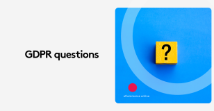 Yellow block with question mark on blue background, text GDPR questions