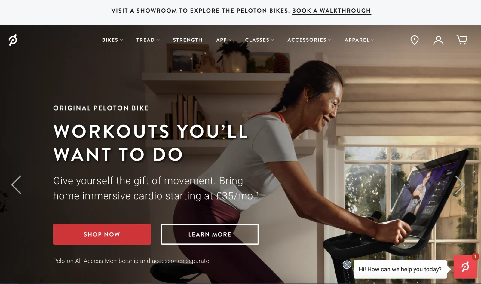 Peloton homepage as an example of a brand using a headless commerce platform