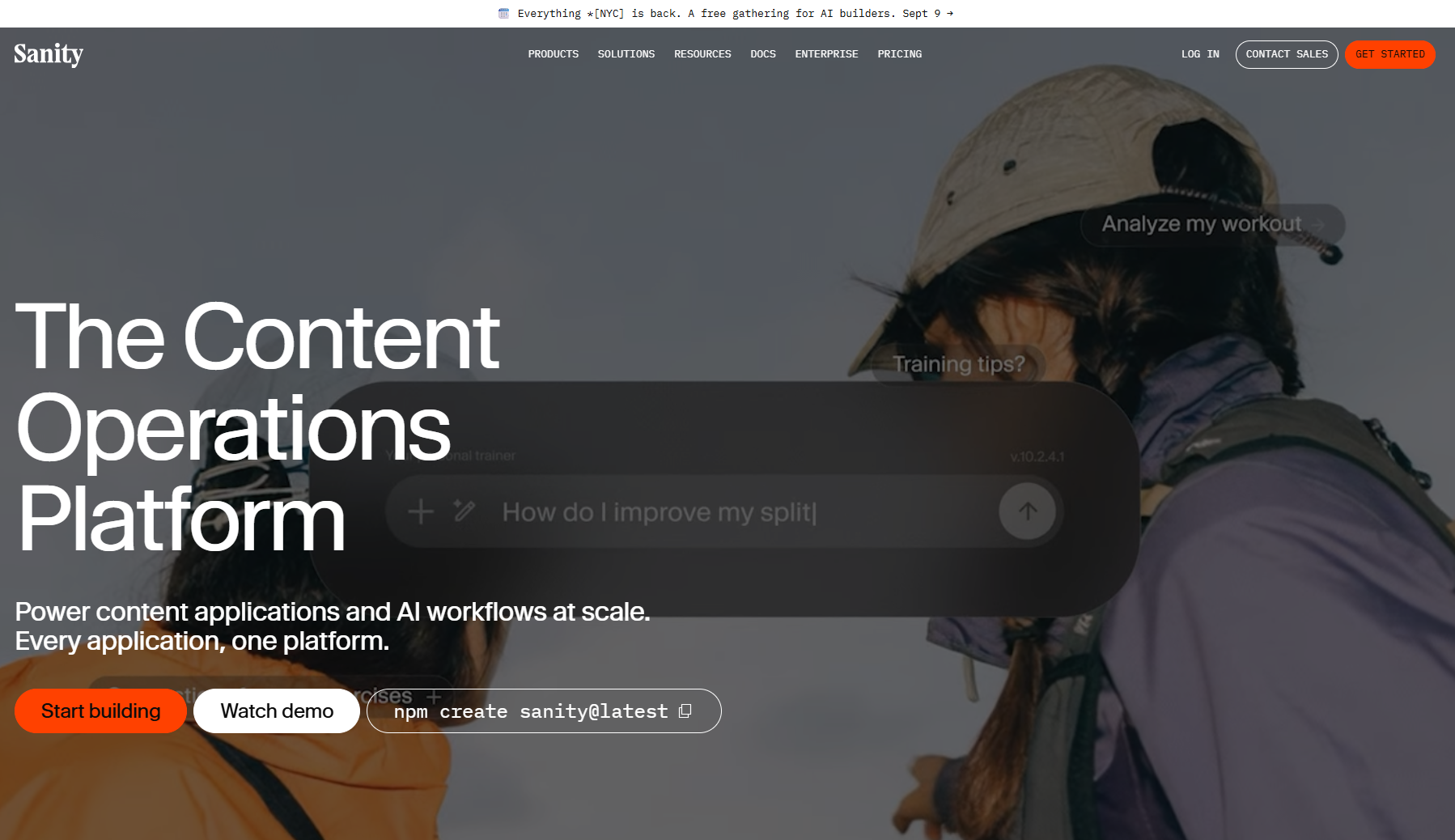 Sanity content operations platform website banner with call to action buttons.