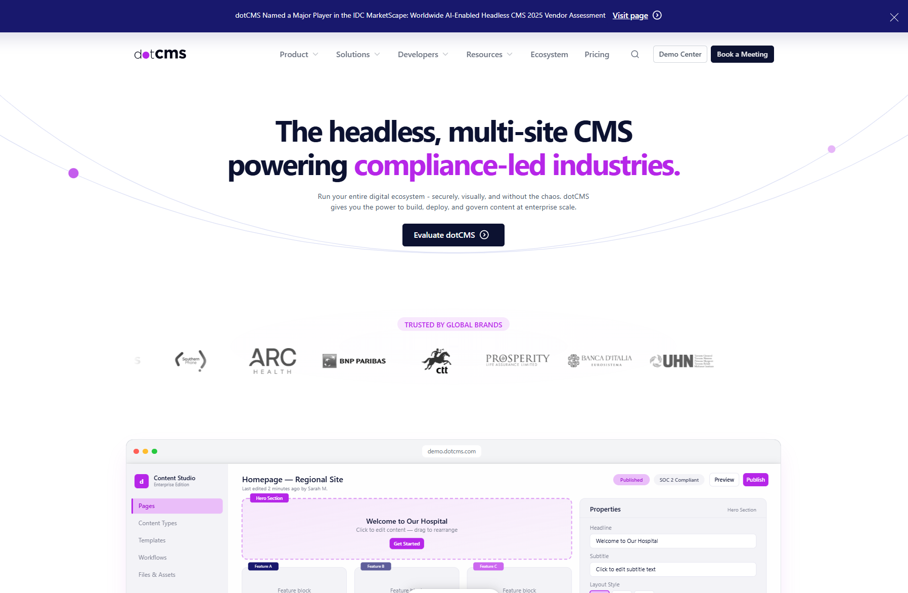 dotCMS website showcasing headless CMS for compliance-led industries with featured brands.