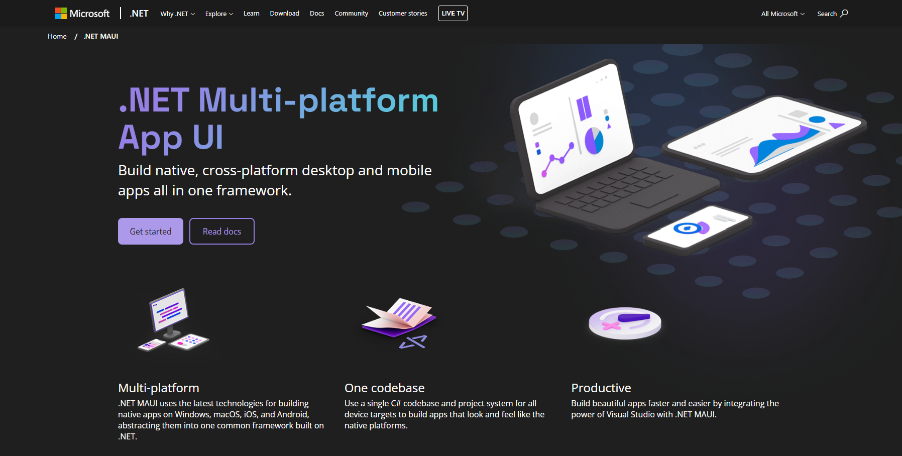 Overview of .NET MAUI multi-platform app UI with devices and features.