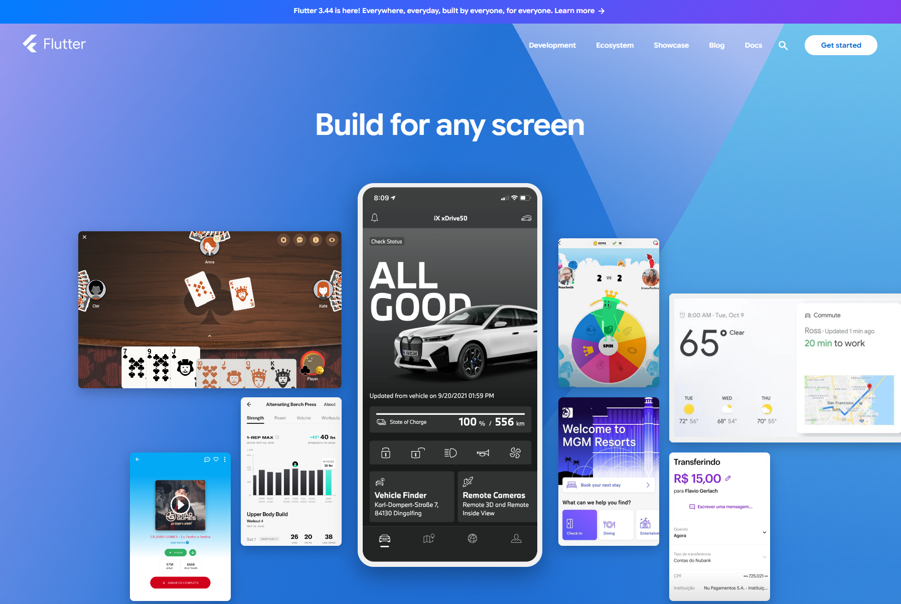 Flutter showcase of apps on multiple screens with the slogan 'Build for any screen'.