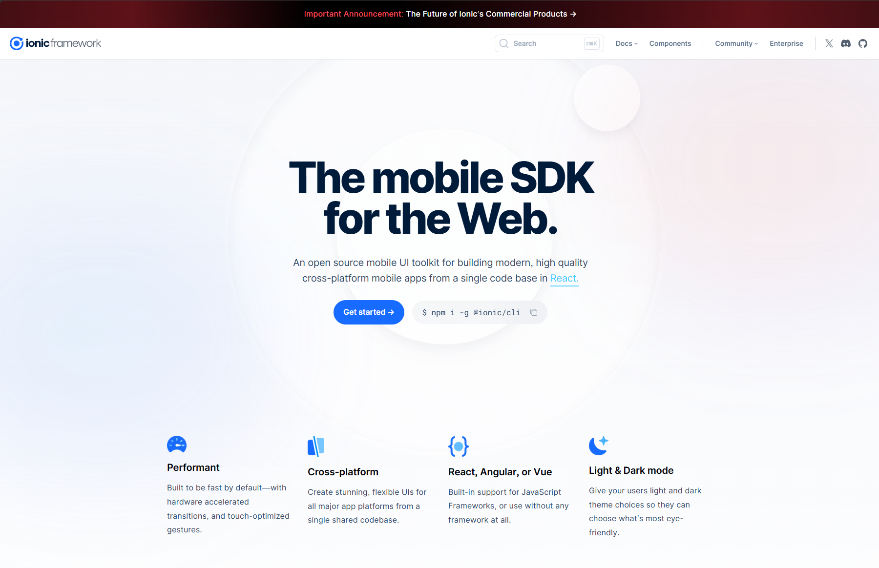 Ionic framework homepage showcasing mobile SDK for web with features and get started button.