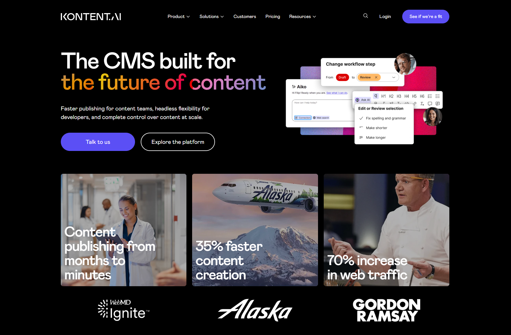 Kontent.ai CMS homepage promoting future of content with flexibility and faster publishing.