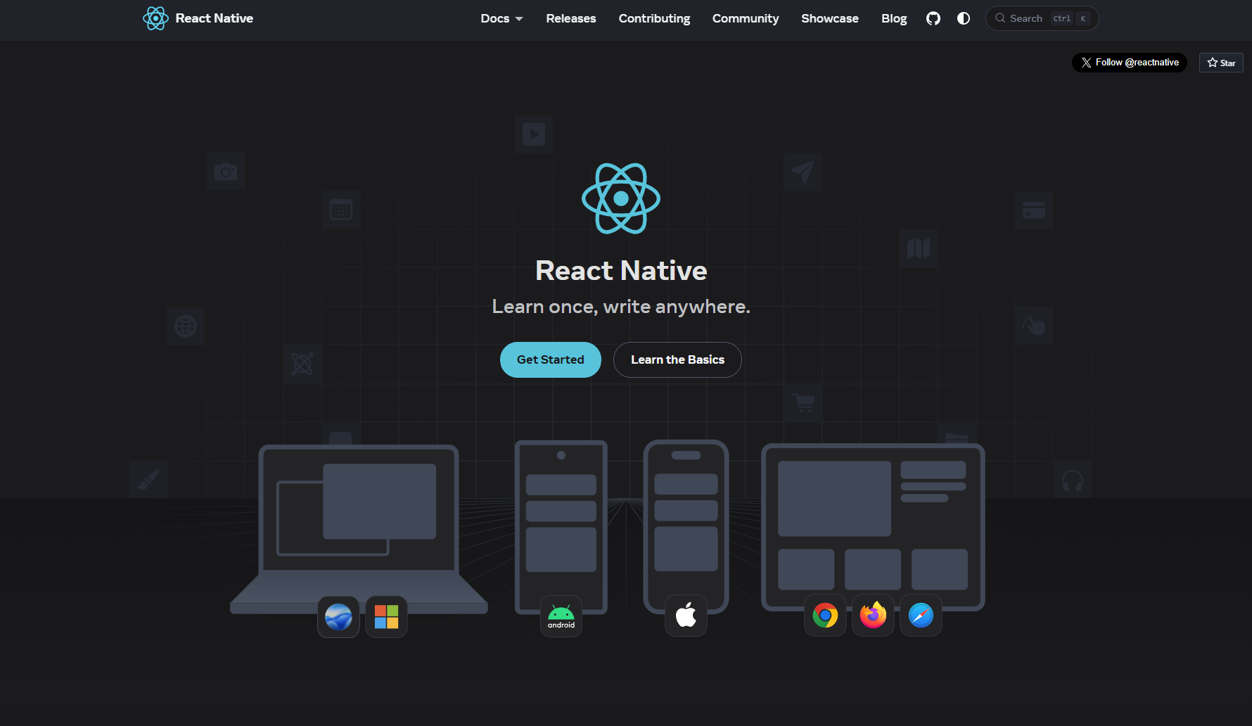 React Native homepage showing cross-platform development tools for web and mobile.