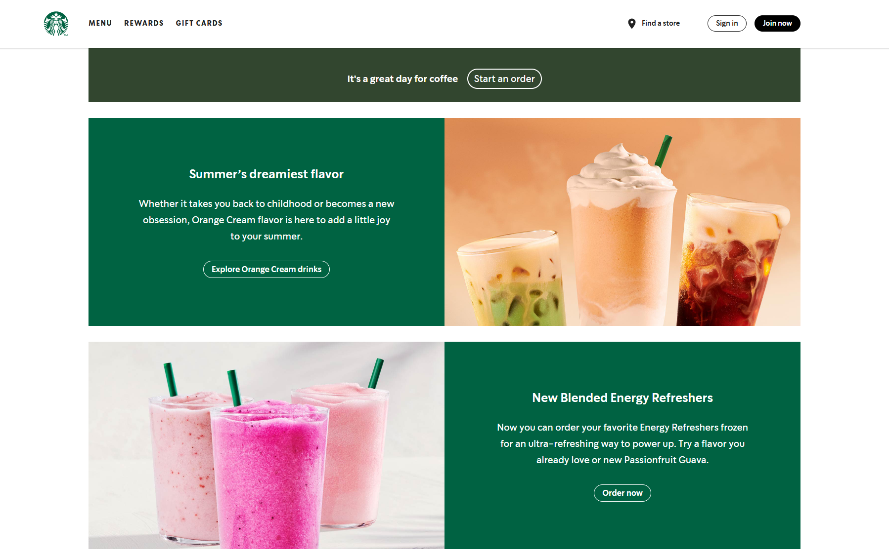 Starbucks orange cream and blended drinks promotion with green background.