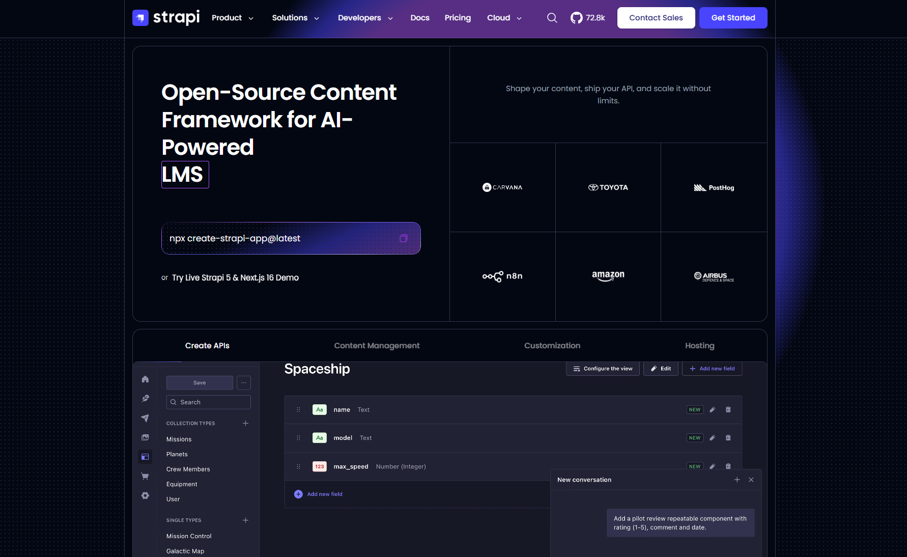 Strapi open-source content framework dashboard for AI-powered LMS with API creation tools.