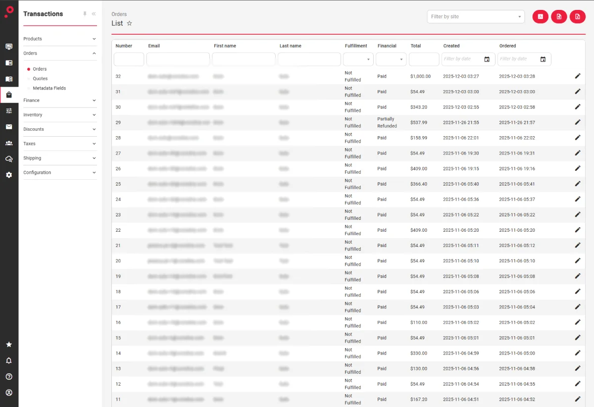 Screenshot of a transaction dashboard showing an orders list with details like number, email, fulfillment, and total.
