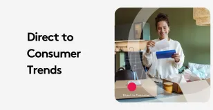 Woman smiling while unboxing a package, showcasing direct to consumer trends.