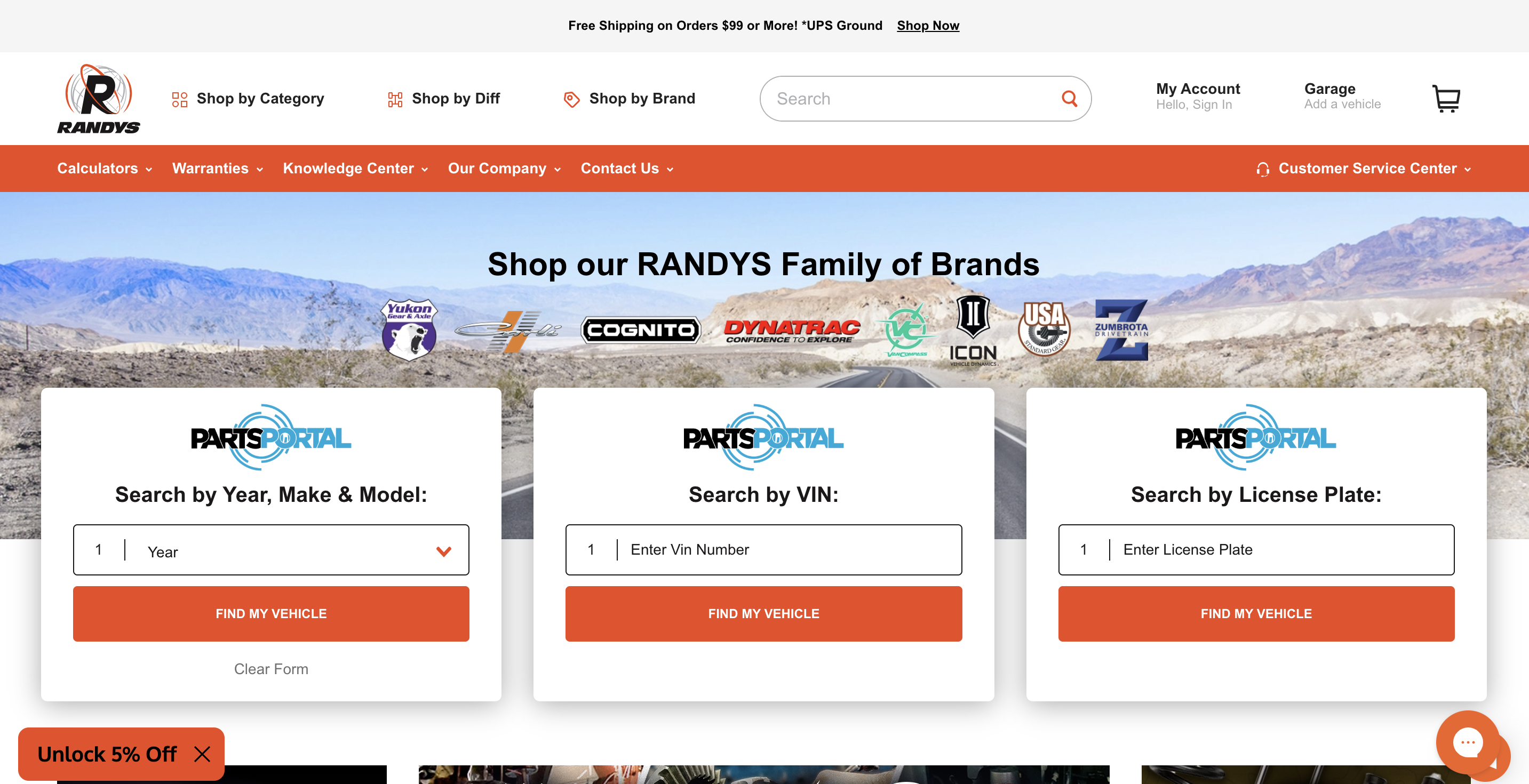 RANDYS auto parts website with search portal by year, VIN and license plate.