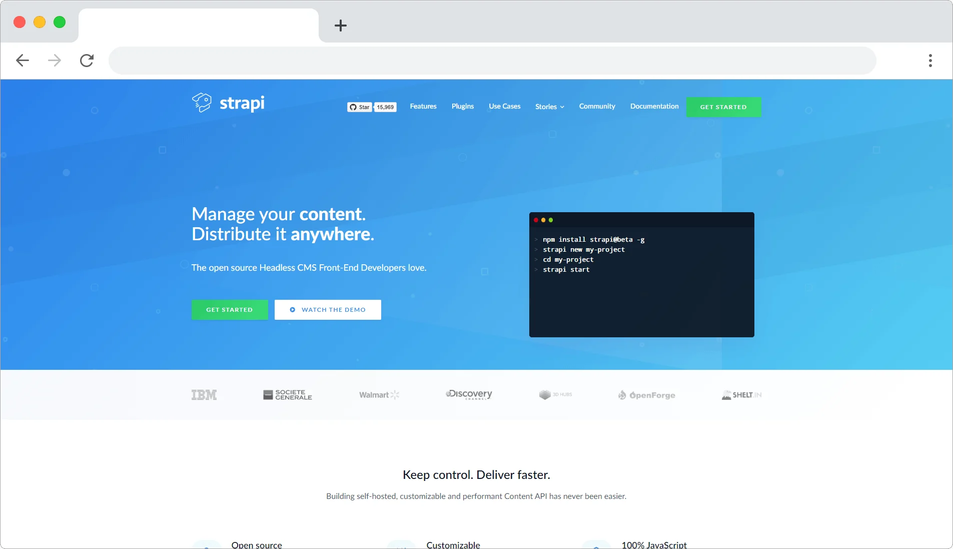 Screenshot of Strapi homepage featuring CMS setup guide and branding.