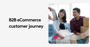 Smiling couple receiving delivery package on a sofa, representing B2B eCommerce customer journey.