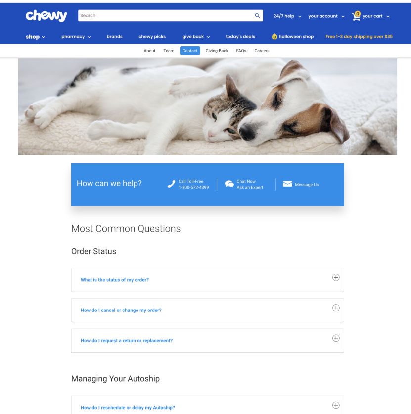 Chewy FAQ page with customer support contact details