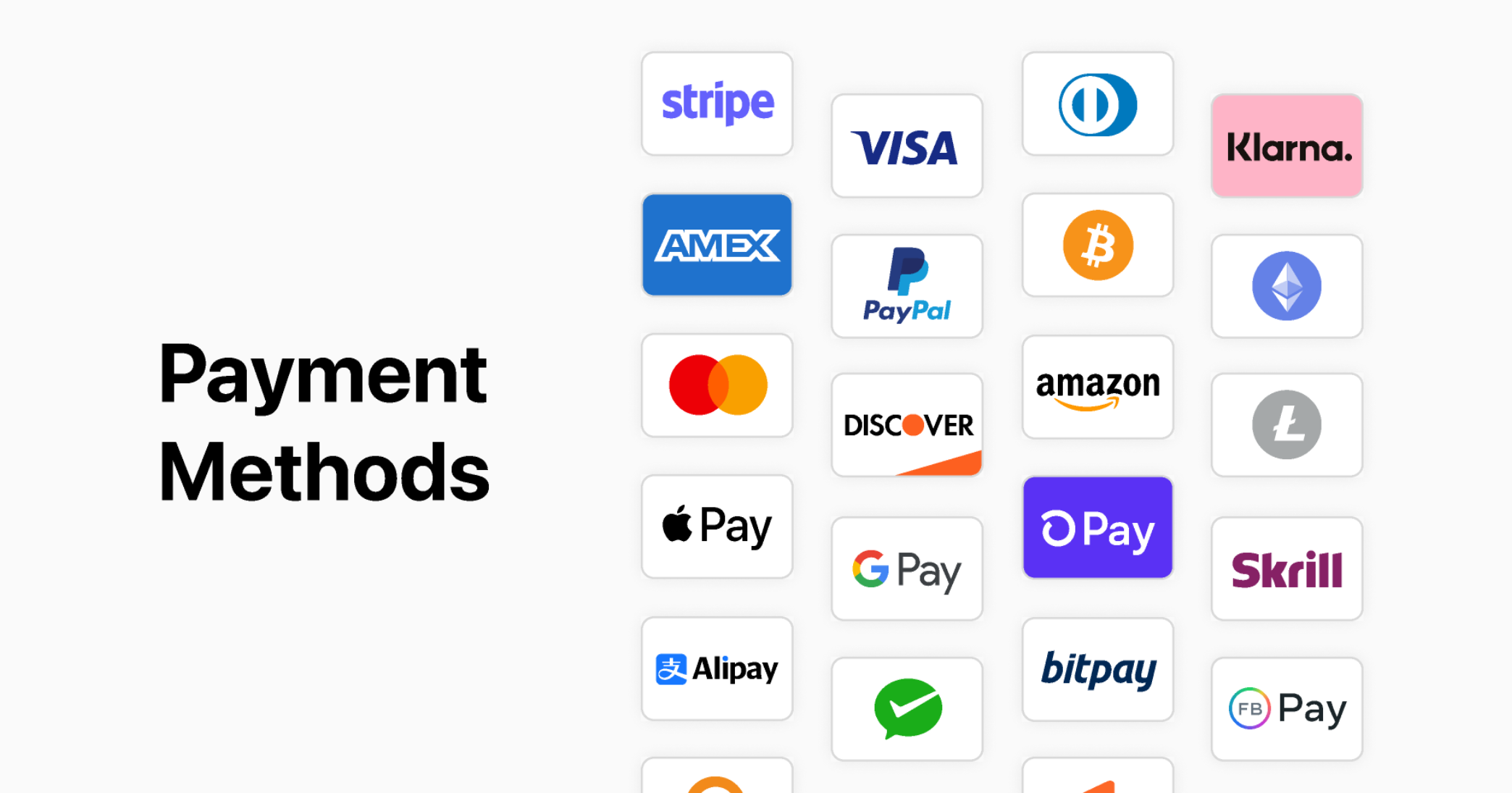Payment methods icons - paypal, visa, amex, klarna, googlepay ,apple pay