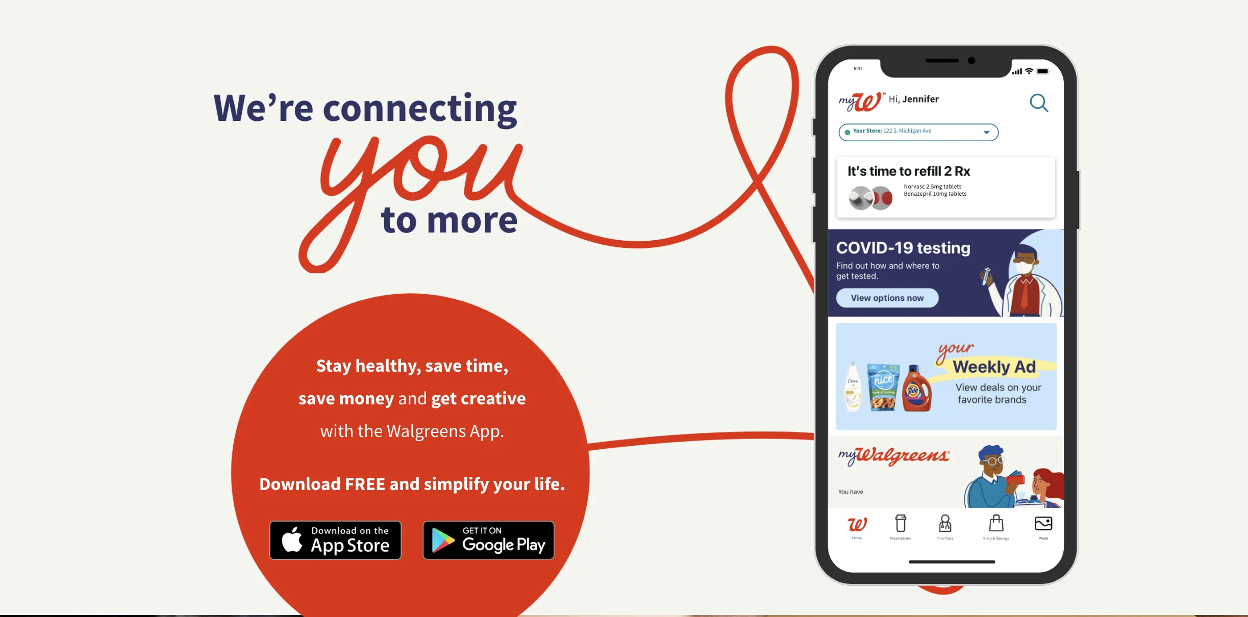 Walgreens app promotion with smartphone displaying COVID-19 testing info and weekly ad.