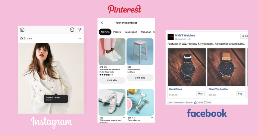 Instagram zara store, Pinterest shopping list, Facebook MVMT store