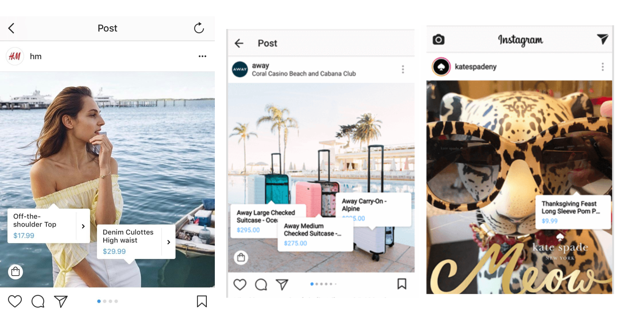 Shoppable posts on instagram with h&M away and katespade