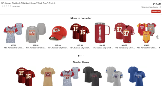Target website with examples of upsell with superbowl tshirts of chiefs