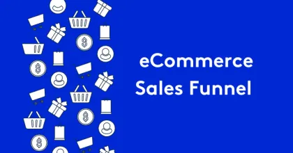 Ecommerce sales funnel diagram on blue background with icons and text.