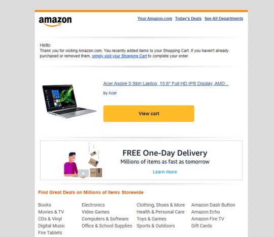 Amazon example to illustrate strategies for cart abandonment strategies via emails 