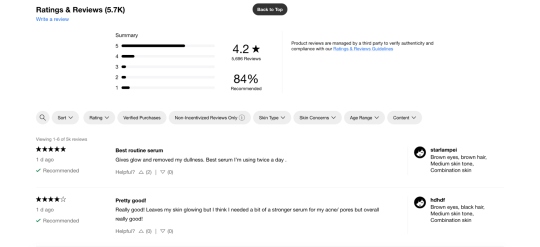 Sephora review page as example of social proof in the sales funnel to increase brand trust