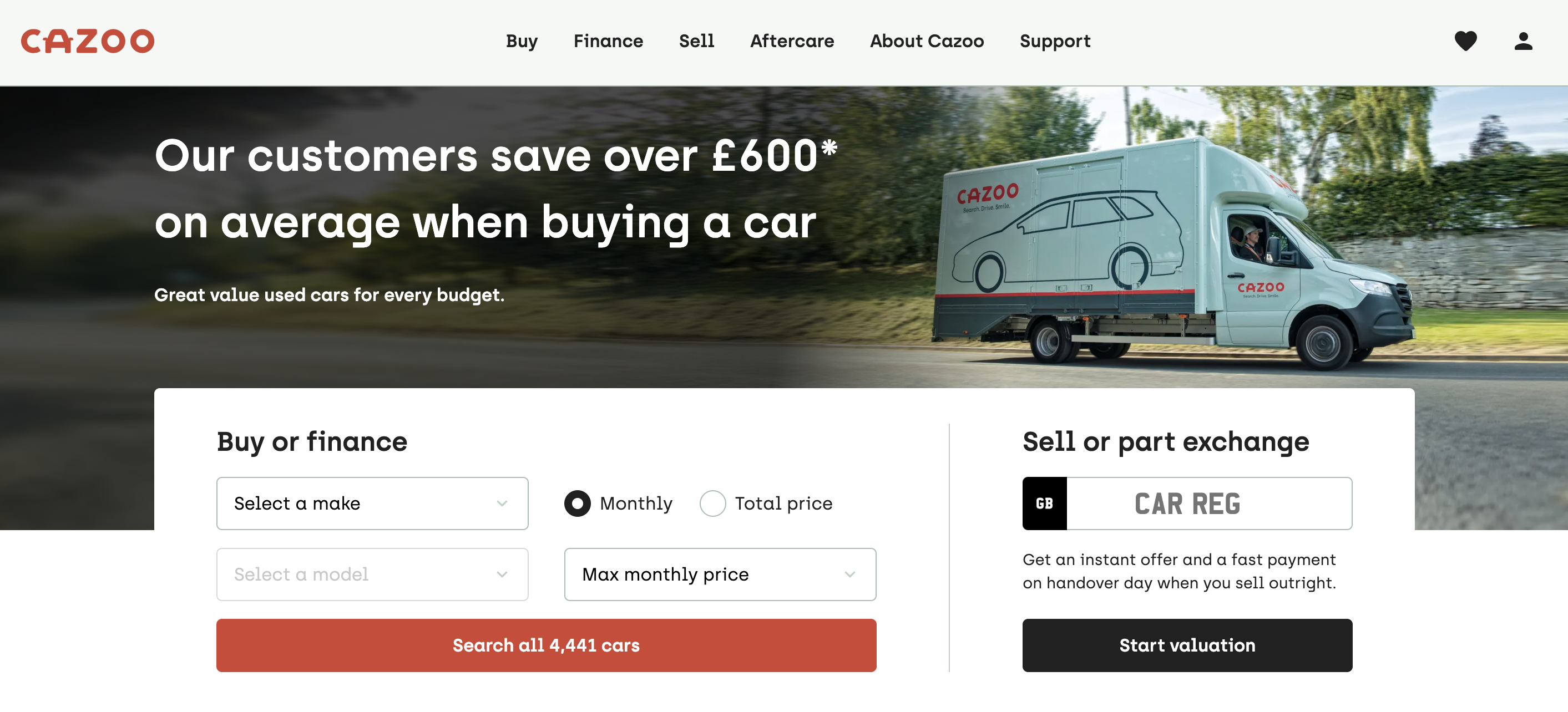 Cazoo homepage  online marketplace for car buying