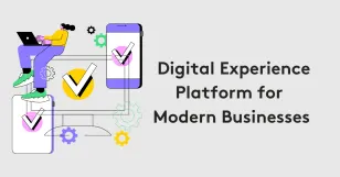 Illustration of digital experience platform for modern businesses with devices and gears