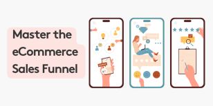 Illustration of eCommerce sales funnel on three smartphones with user interactions and feedback.