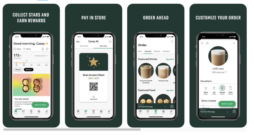 Starbucks personalization and reward mobile app screens 