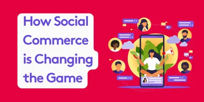 Illustration of social commerce impact with people and mobile phone on red background.
