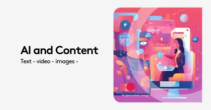 Digital art illustration of AI content creation with text, video, and images.