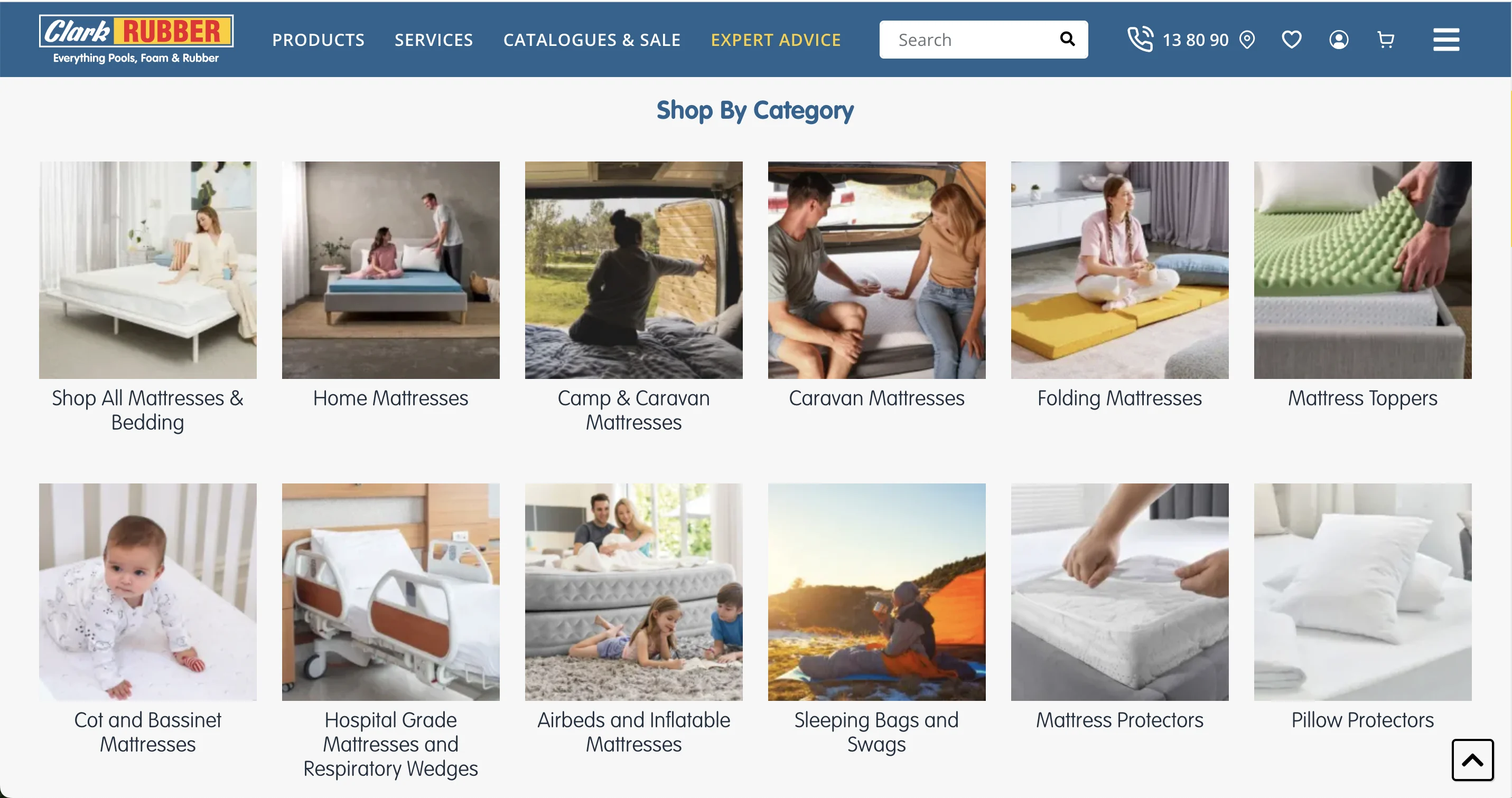 Clark Rubber online store mattress category selection with various options.