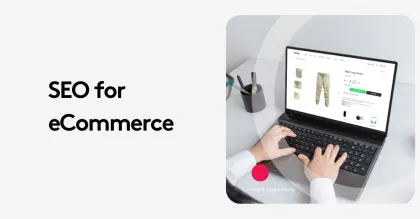 Person using laptop for online shopping with SEO for eCommerce text.