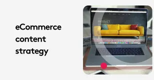 Laptop displaying eCommerce content strategy with yellow sofa on screen