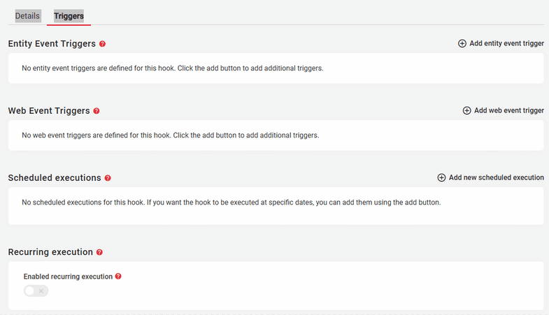 Interface showing triggers setup with options for entity and web event triggers, scheduled and recurring executions.