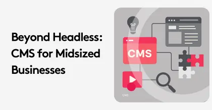 Illustration of CMS solutions for midsized businesses with icons and graphics.
