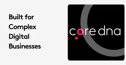 Coredna logo with text 'Built for Complex Digital Businesses' on black background.