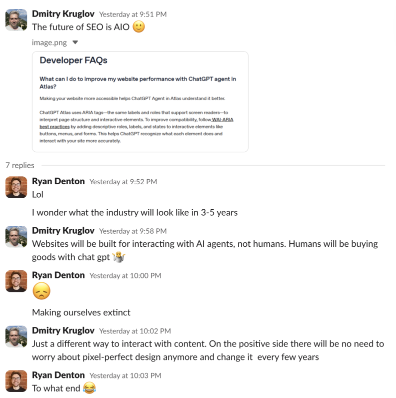 Slack conversation discussing future of SEO with ChatGPT and AI in web development.