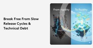 Illustration showing transition from rigidity to fluidity in software development, highlighting technical debt and release cycles.