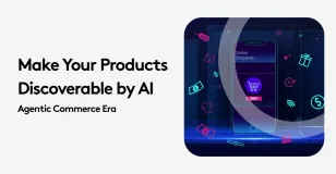 AI product discoverability concept with online shopping graphics and text.