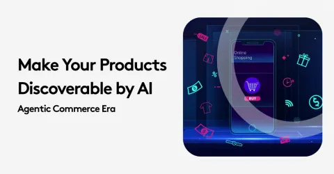 AI product discoverability concept with online shopping graphics and text.