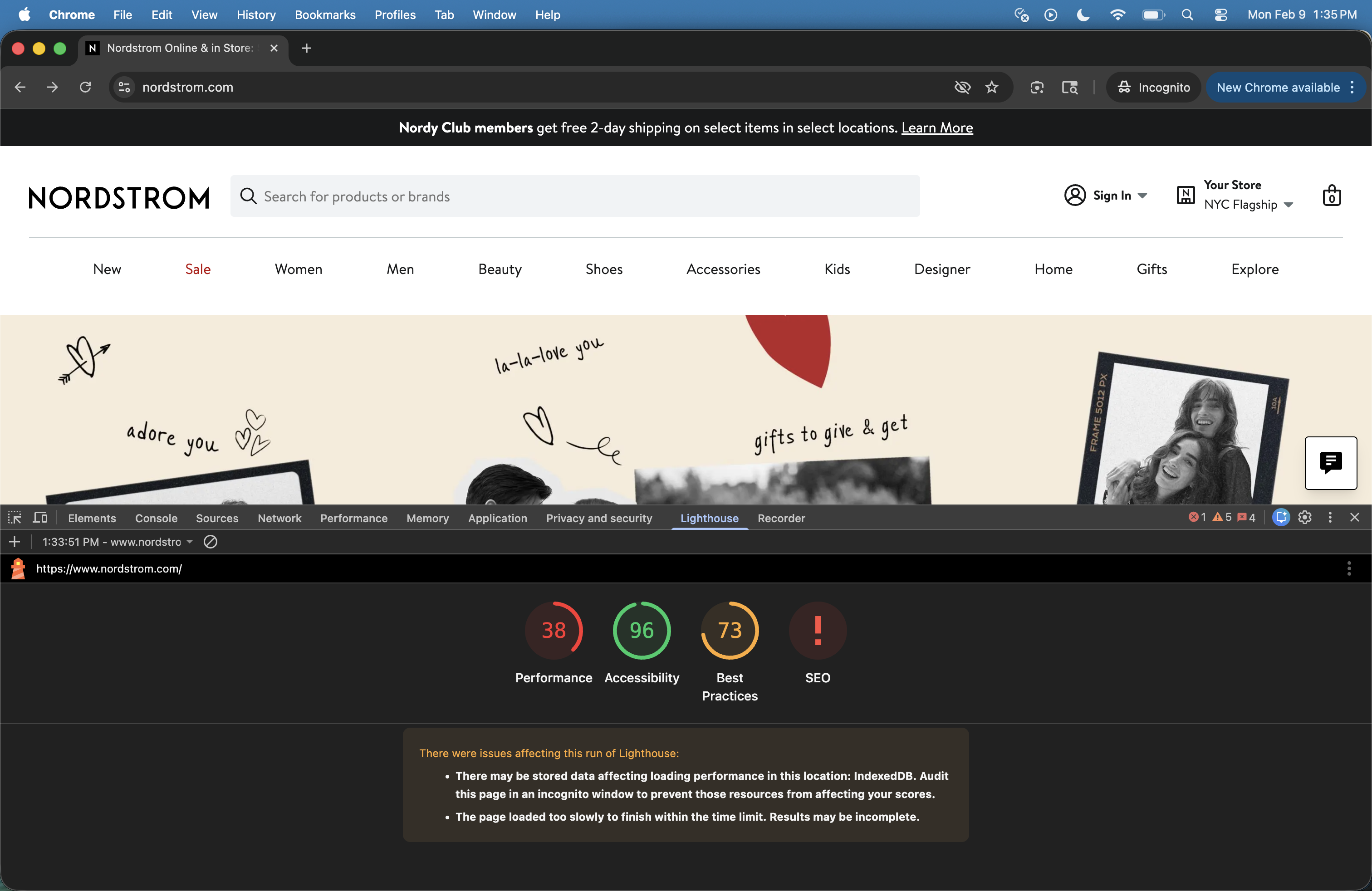 Screenshot of Nordstrom website with Lighthouse performance scores and search bar.