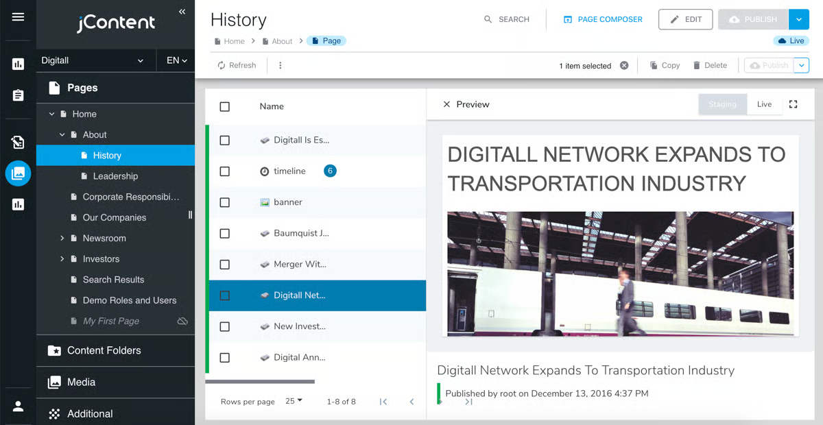 CMS interface showing page list and preview of article on network expansion into transportation.