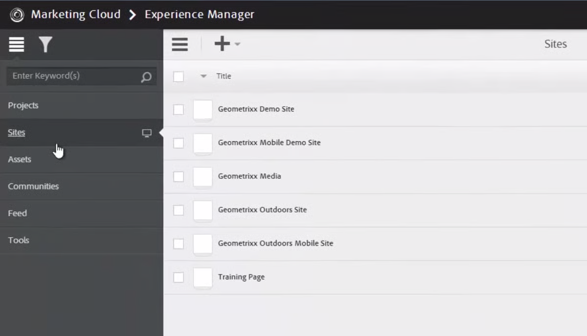 Dashboard of Marketing Cloud Experience Manager showing site list and navigation menu.