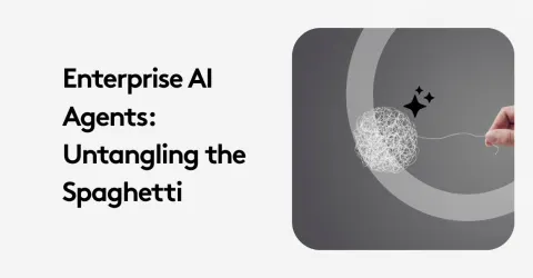 Graphic depicting enterprise AI agents untangling complexity with hand pulling thread.